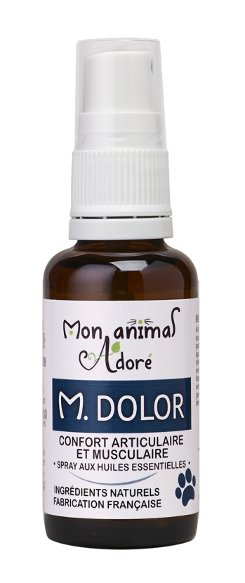 M. Dolor, spray aux huiles essentielles en cas de douleur musculaire ou articulaire localisée du chien ou du chat, spray de 30 ml